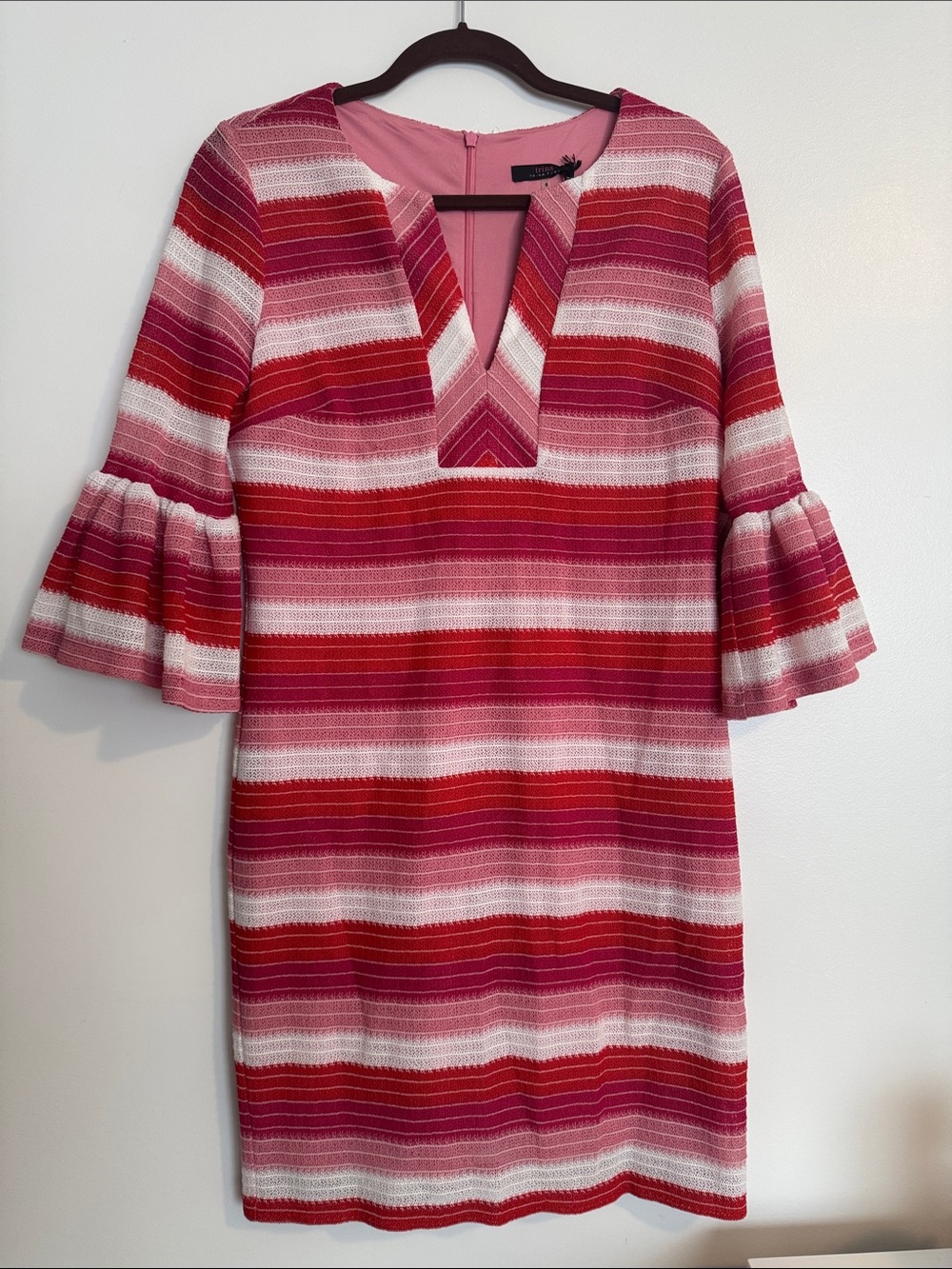 NWT Trina Turk Striped Pink & Red V-Neck Bell Sleeve Dress
